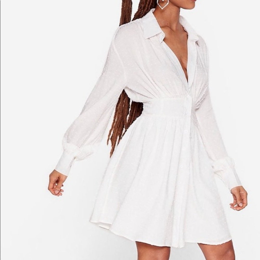 NWT Nasty Gal White Dobby Mini Shirt Dress Long Sleeve Cinched Waist Boho Size 6